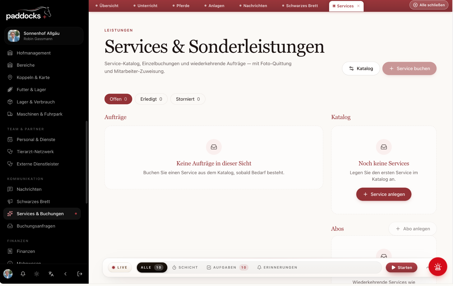 Services, Buchungen und wiederkehrende Aufträge in paddocks+