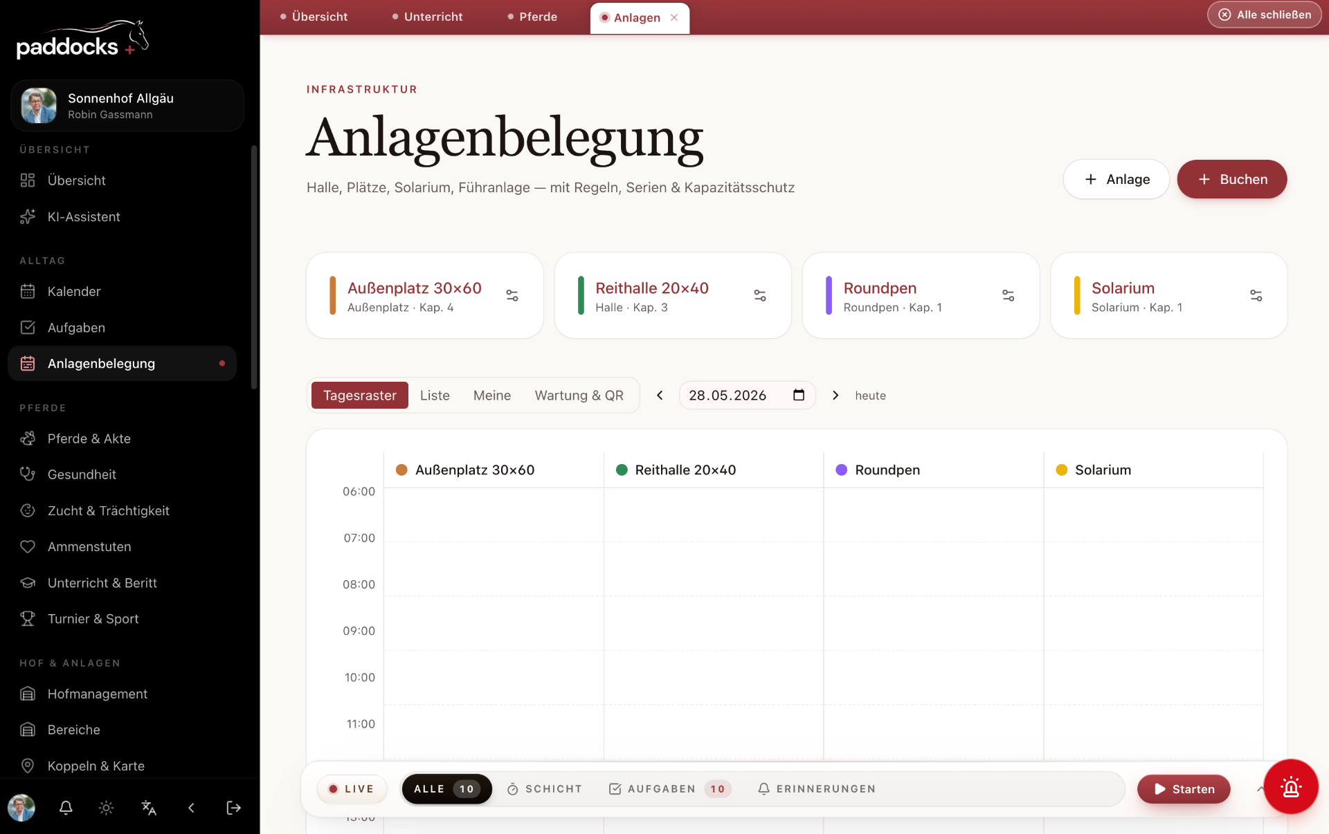Anlagenbelegung für Reithalle, Reitplatz und Roundpen in paddocks+